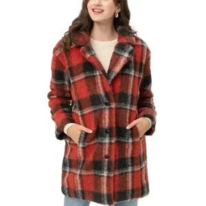Love Tree Faux Fur Red & Black Plaid Women's Winter Coat Outdoor Gorp Size S